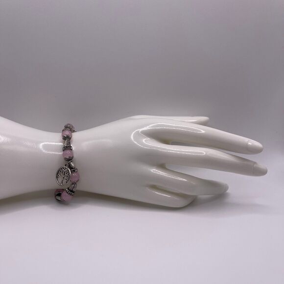Tree of Life Women's Pendant Pink & Silver Beaded Charm Bracelet - Picture 1 of 10